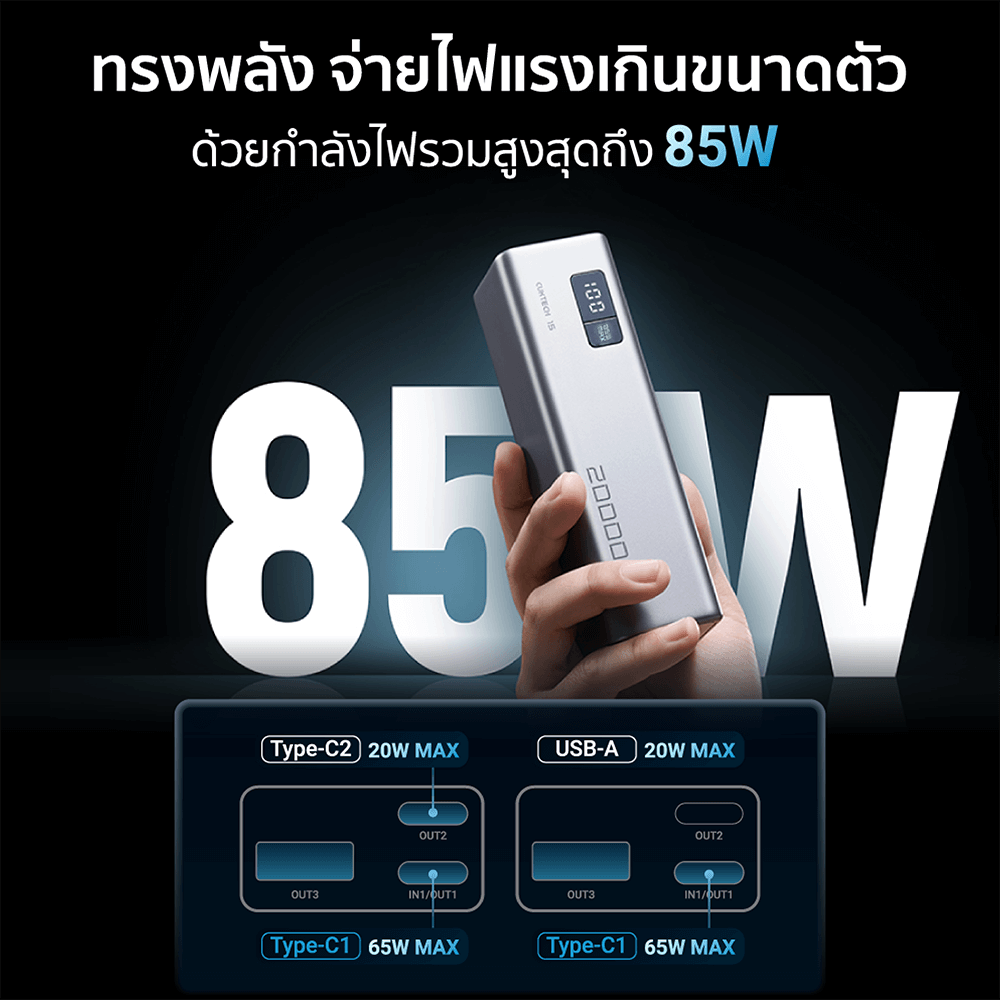 แบตเตอรี่สำรอง CUKTECH PB200 20000 MAH CE สีเทา จ่ายไฟรวมสูงสุด 85W_3